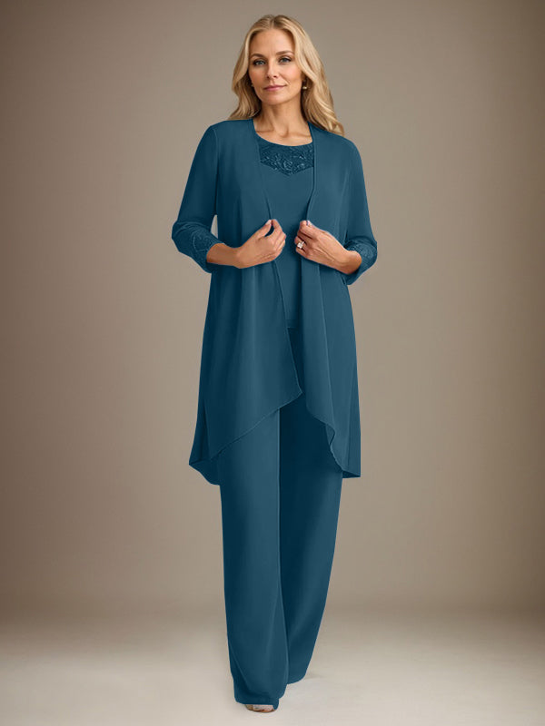 Traje pantalón de gasa con escote redondo y mangas largas para la madre de la novia, con chaqueta. 