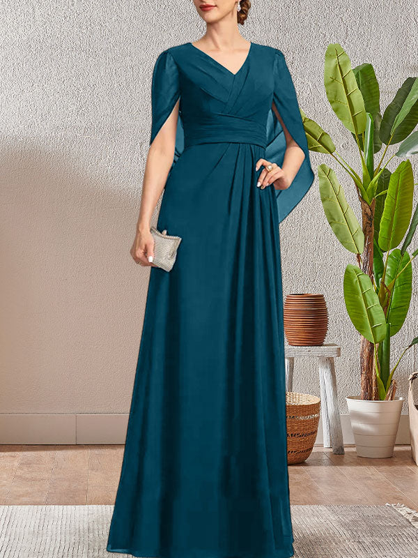 Vestido largo azul marino oscuro de corte A con escote en V para la madre de la novia