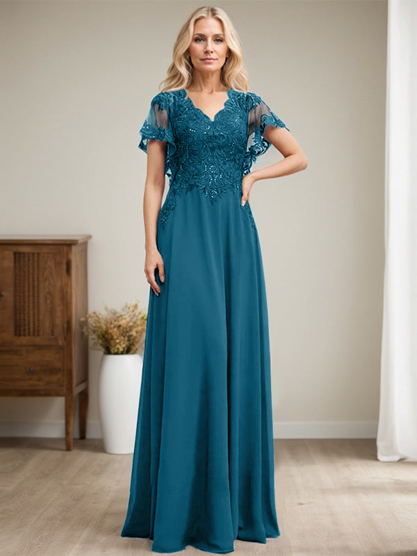 Vestido de novia de corte A, escote en V, largo hasta el suelo, de gasa de encaje con lentejuelas para la madre de la novia 