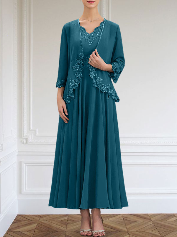 Vestido de corte A, escote en V, largo hasta el tobillo, de gasa, para la madre de la novia, con apliques de lentejuelas, encaje y pedrería.