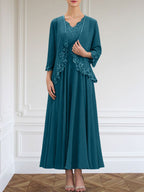 Vestido de corte A, escote en V, largo hasta el tobillo, de gasa, para la madre de la novia, con apliques de lentejuelas, encaje y pedrería.