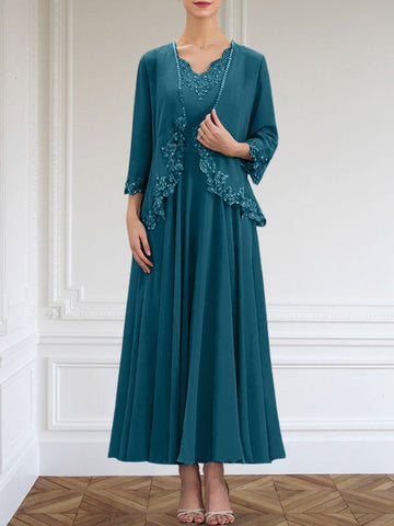 A-line V-Neck Ankle-Length Chiffon Mother of the Bride Dress With Sequins Appliques Lace Beading