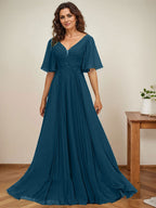 Vestido de corte A, escote en V, largo hasta el suelo, de gasa, para la madre de la novia, con apliques de lentejuelas y encaje plisado. 