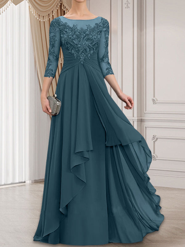 Robe de mariée en mousseline de dentelle, coupe trapèze, décolleté illusion, longueur au sol, avec volants cascade, idéale pour la mère de la mariée.