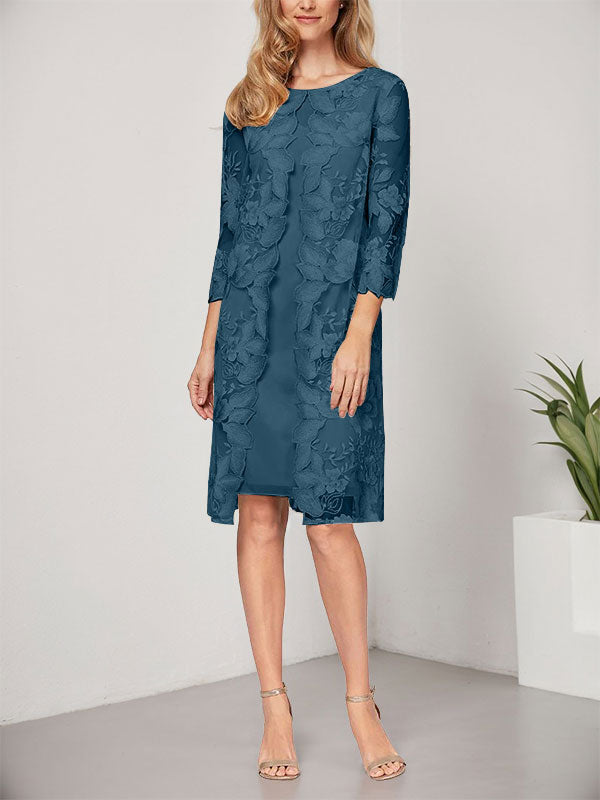 Vestido de corte A, escote redondo, largo hasta la rodilla, de gasa y encaje, para la madre de la novia, con chaqueta. 