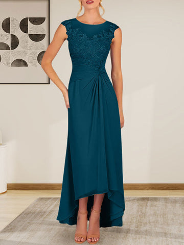 Champagne A-Line Scoop Lace Chiffon Dress