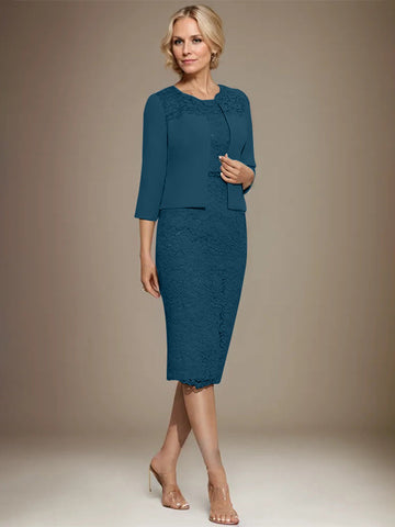 Robe fourreau/colonne en mousseline de soie et dentelle, longueur genou, ornée de perles, pour la mère de la mariée 