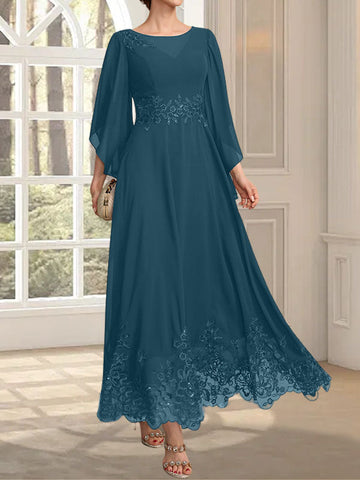 A-line Scoop Illusion Ankle-Length Lace Chiffon Mother of the Bride Dress With Sequins