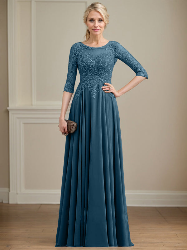 Robe de mère de la mariée en mousseline de dentelle, coupe trapèze, décolleté illusion, longueur au sol, ornée de sequins 