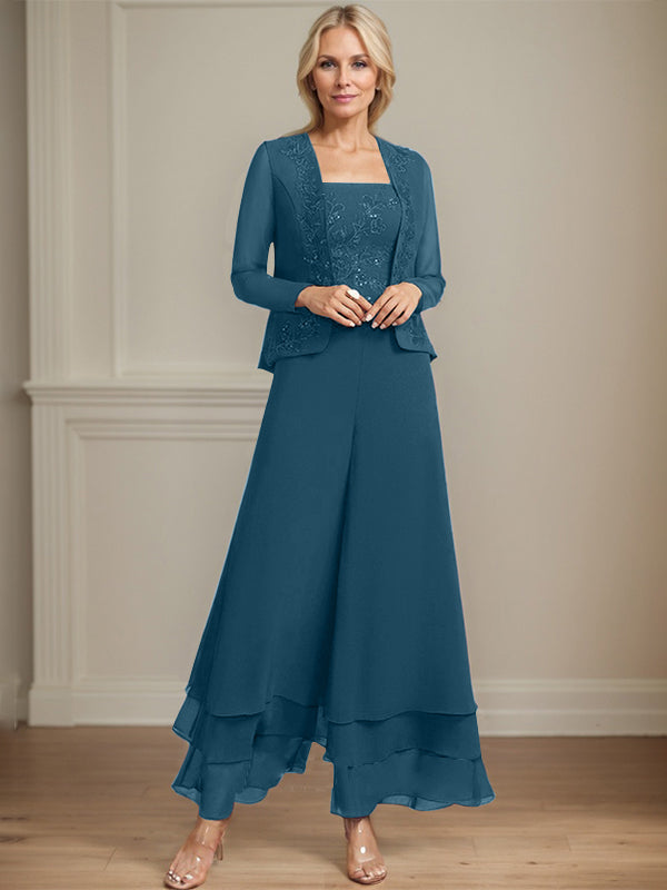 Conjunto de pantalón y chaqueta de dos piezas, corte cuadrado, largo hasta el tobillo, encaje, gasa, vestido de madre de la novia con lentejuelas 