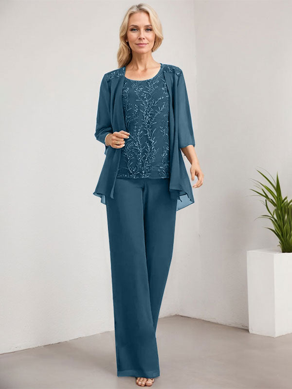 Vestido de novia de gasa con encaje y lentejuelas, estilo mono/pantalón, largo hasta el suelo, con escote redondo.