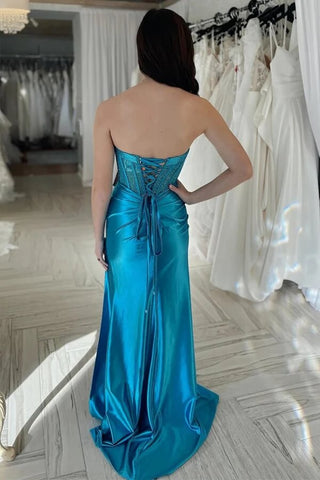 Robe de bal fourreau en satin de soie turquoise, sans bretelles, ornée de perles et fendue, robe de soirée