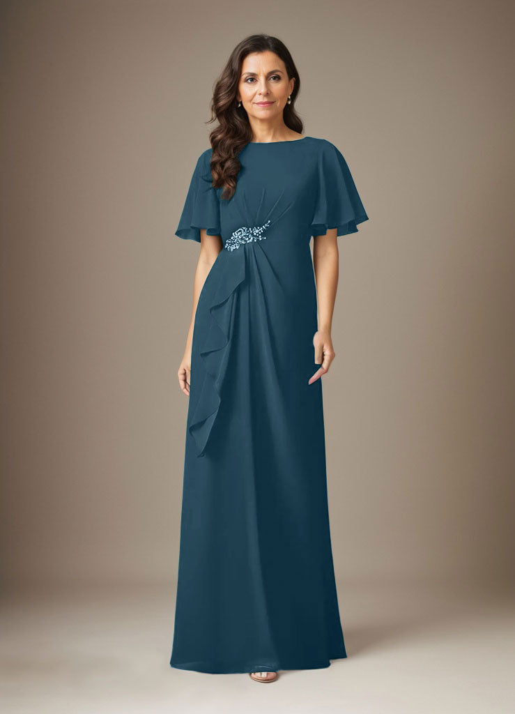 Vestido de gasa azul marino oscuro de corte recto con cuentas