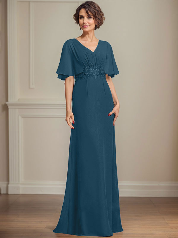 Vestido de corte A, escote en V, largo hasta el suelo, de gasa, para la madre de la novia, con apliques de lentejuelas plisadas y encaje.