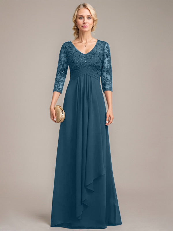 Vestido de novia de corte línea A, escote en V, largo hasta el suelo, de gasa de encaje con volantes en cascada y lentejuelas. 
