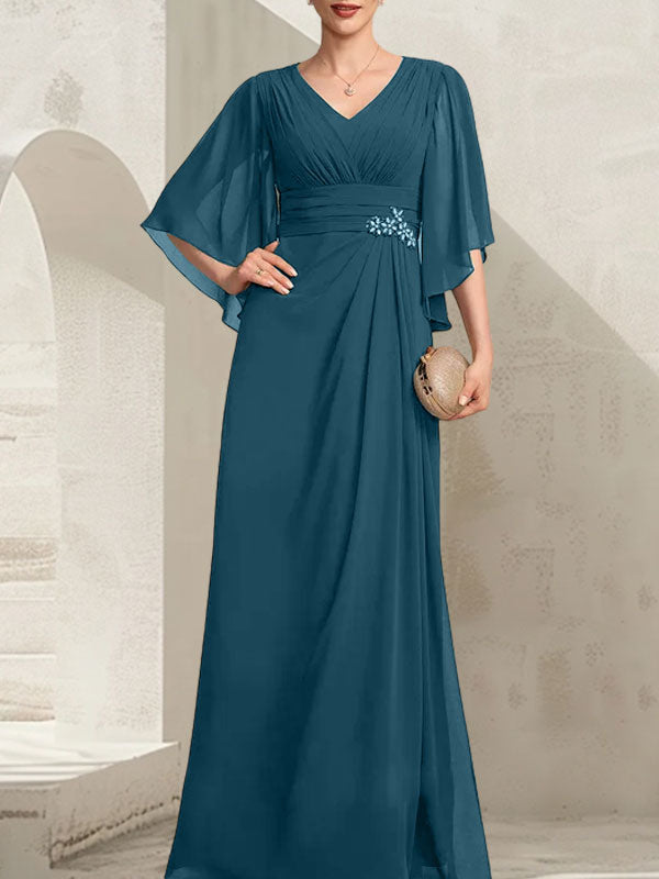Vestido de corte recto/columna, escote en V, largo hasta el suelo, de gasa, para la madre de la novia, con lentejuelas plisadas y pedrería.