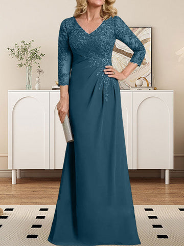 Sheath/Column V-Neck Illusion Floor-Length Lace Chiffon Mother of the Bride Dress With Pleated Sequins