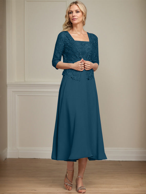 Vestido de corte A, largo midi, de gasa, encaje y lentejuelas para la madre de la novia. 