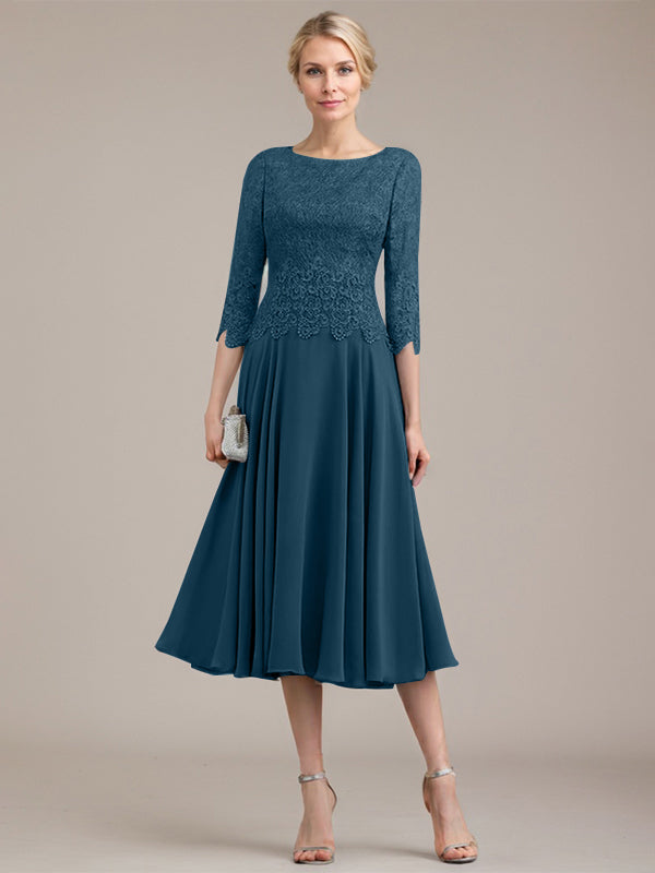 Vestido de corte A con escote redondo y largo hasta la rodilla en gasa de encaje para la madre de la novia 