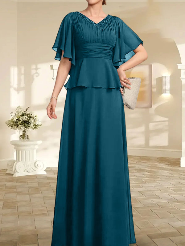 Vestido de gasa de corte A, escote en V, largo hasta el suelo, para la madre de la novia, con plisados ​​y cuentas.