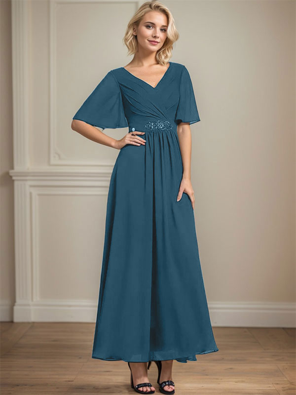 Vestido de gasa de corte A, escote en V, largo hasta el tobillo, para la madre de la novia, con lentejuelas y cuentas plisadas.