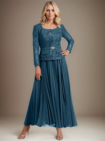 Vestido de gasa corte A, largo hasta el tobillo, para la madre de la novia, con pliegues. 