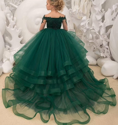 Vestido de niña de las flores de tul escalonado con apliques de encaje para la primera comunión 