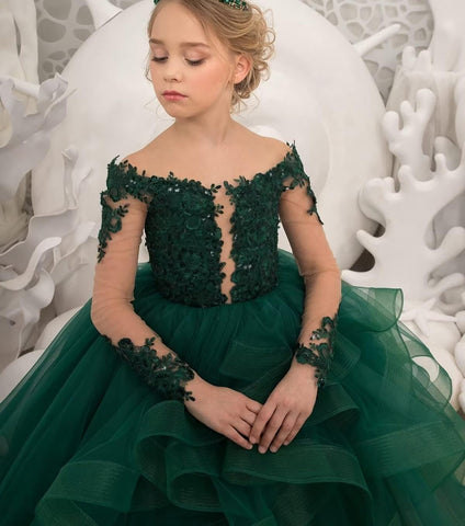 Vestido de niña de las flores de tul escalonado con apliques de encaje para la primera comunión 