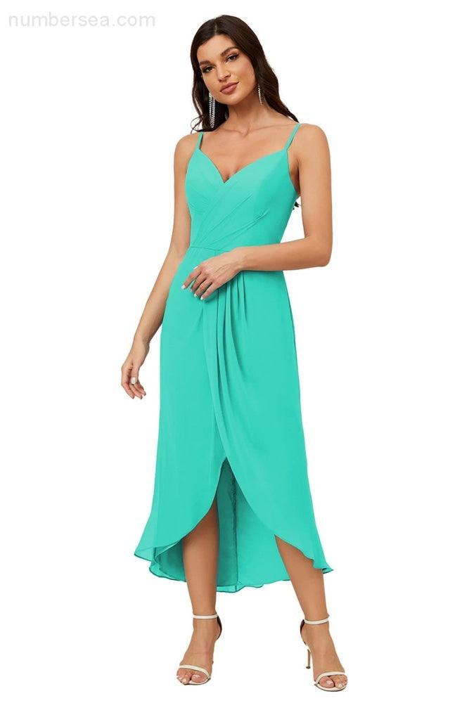 Vestido de dama de honor de gasa con escote en V y abertura media, vestido formal de fiesta, vestido de bienvenida 2803 