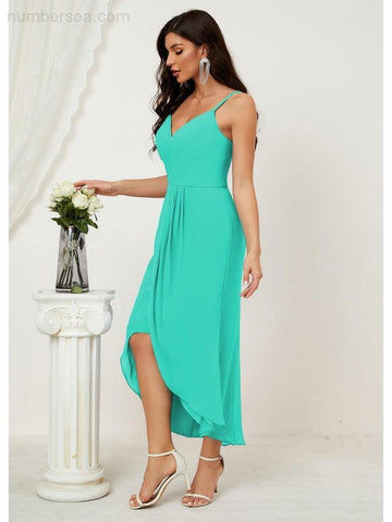 Vestido de dama de honor de gasa con escote en V y abertura media, vestido formal de fiesta, vestido de bienvenida 2803 