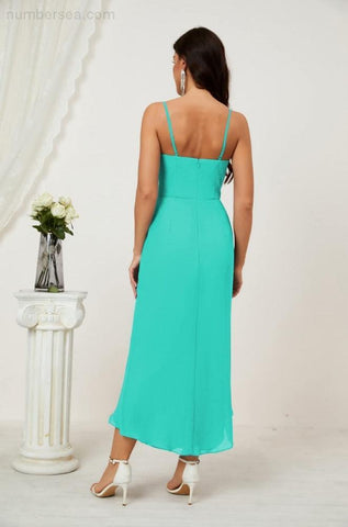 Vestido de dama de honor de gasa con escote en V y abertura media, vestido formal de fiesta, vestido de bienvenida 2803 