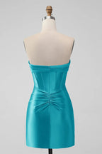 Tight Strapless Keyhole Satin Turquoise Homecoming Dress PD535