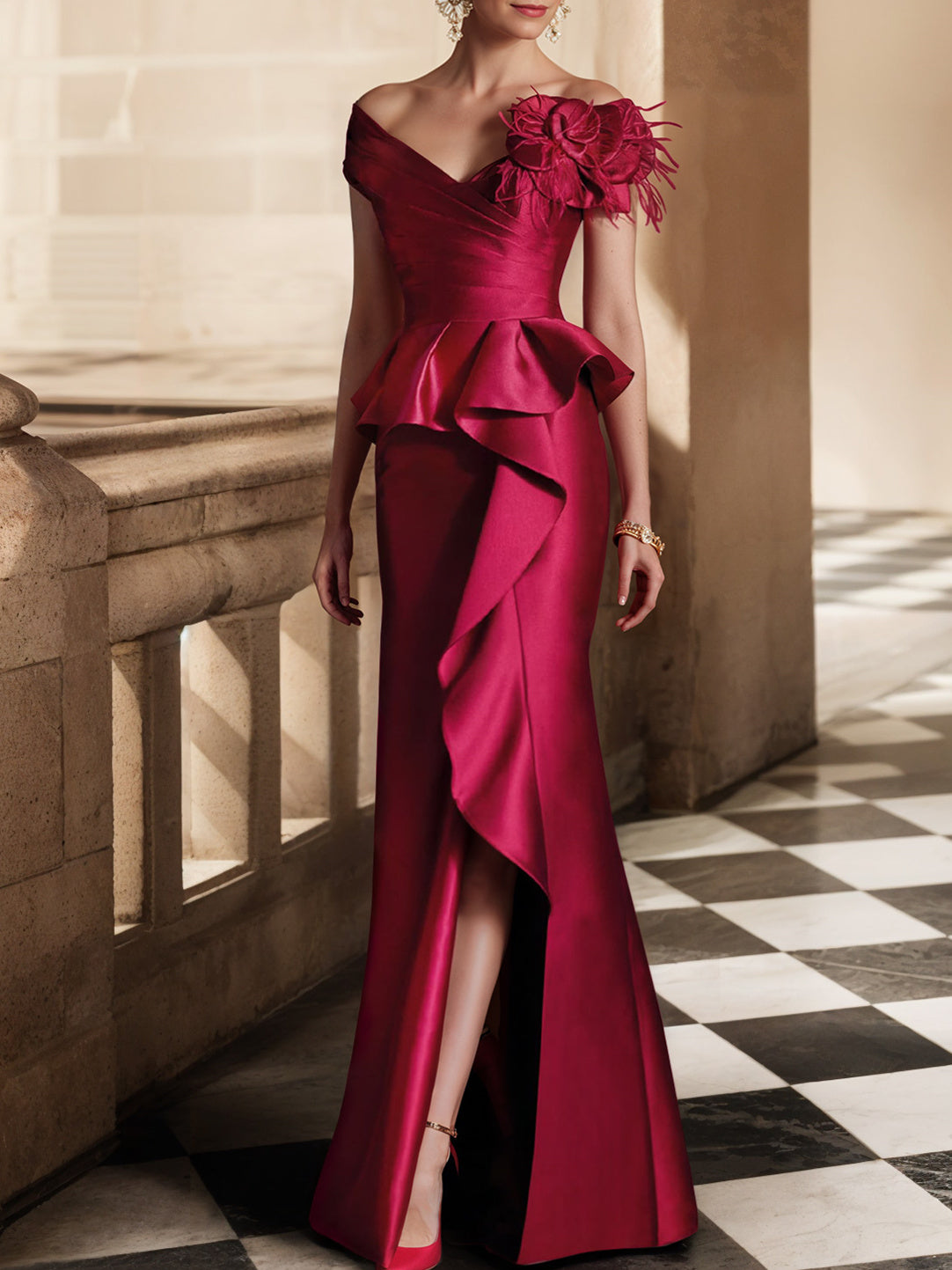 Robe de mère de la mariée sirène/trompette à épaules dénudées et fente latérale 