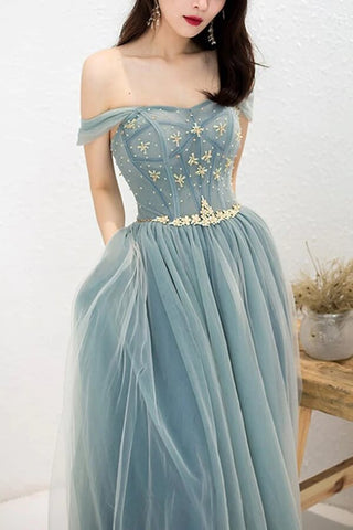 Tulle A-Line Off-the-Shoulder Beaded Prom Dresses, Long Formal Dress