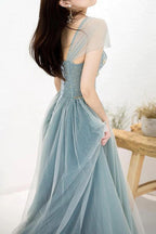 Tulle A-Line Off-the-Shoulder Beaded Prom Dresses, Long Formal Dress
