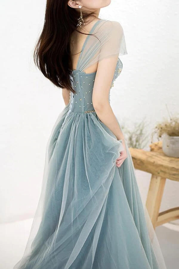 Tulle A-Line Off-the-Shoulder Beaded Prom Dresses, Long Formal Dress