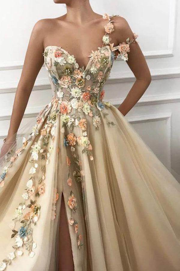 Tulle A-line One Shoulder 3D Flowers Prom Dresses With Slit, Evening Dress
