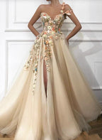 Tulle A-line One Shoulder 3D Flowers Prom Dresses With Slit, Evening Dress