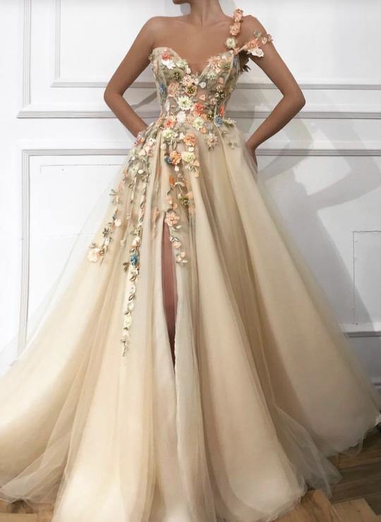 Tulle A-line One Shoulder 3D Flowers Prom Dresses With Slit, Evening Dress