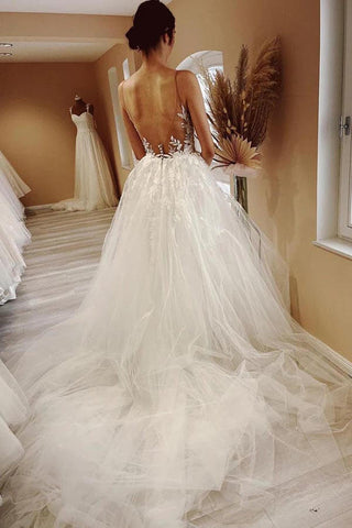 Robe de mariée de plage en tulle, coupe trapèze, col transparent et applications de dentelle WD667
