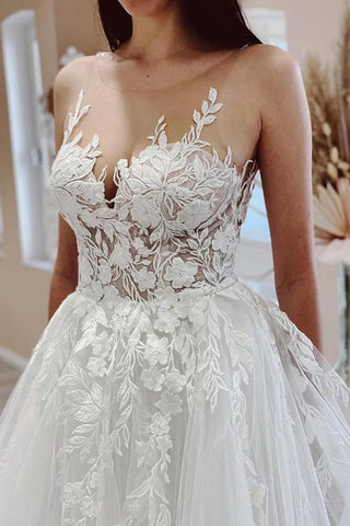 Robe de mariée de plage en tulle, coupe trapèze, col transparent et applications de dentelle WD667