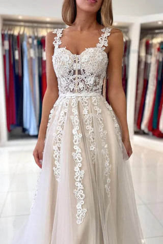 Tulle A-line Sweetheart Lace Appliques Prom Dresses, Evening Dresses