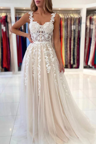 Tulle A-line Sweetheart Lace Appliques Prom Dresses, Evening Dresses