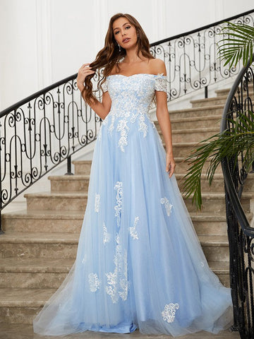 Robe de bal à épaules dénudées en tulle appliqué SYP165