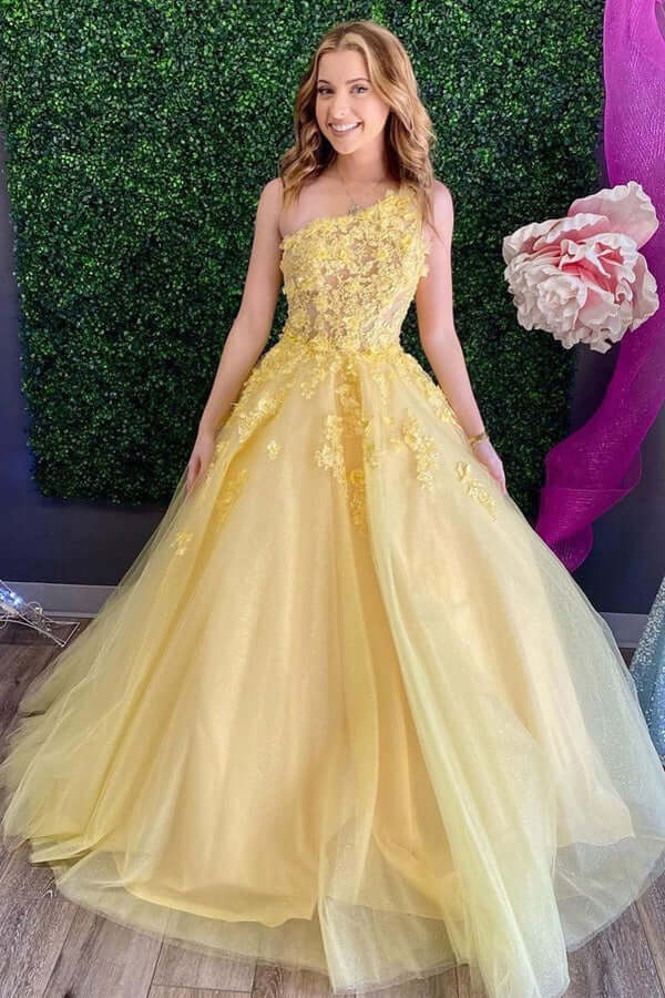 Tulle Lace A-line One Shoulder Spaghetti Straps Prom Dress, Evening Gown