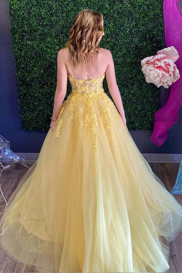 Tulle Lace A-line One Shoulder Spaghetti Straps Prom Dress, Evening Gown