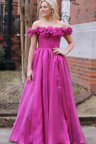 Tulle Magenta A-line Off-the-Shoulder Prom Dresses With 3D Flowers