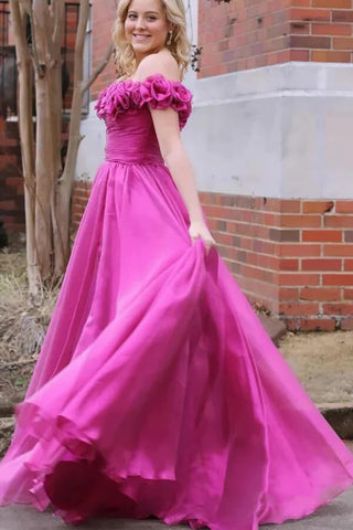 Tulle Magenta A-line Off-the-Shoulder Prom Dresses With 3D Flowers