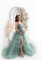 Bata de maternidad de tul con hombros descubiertos para sesión de fotos 