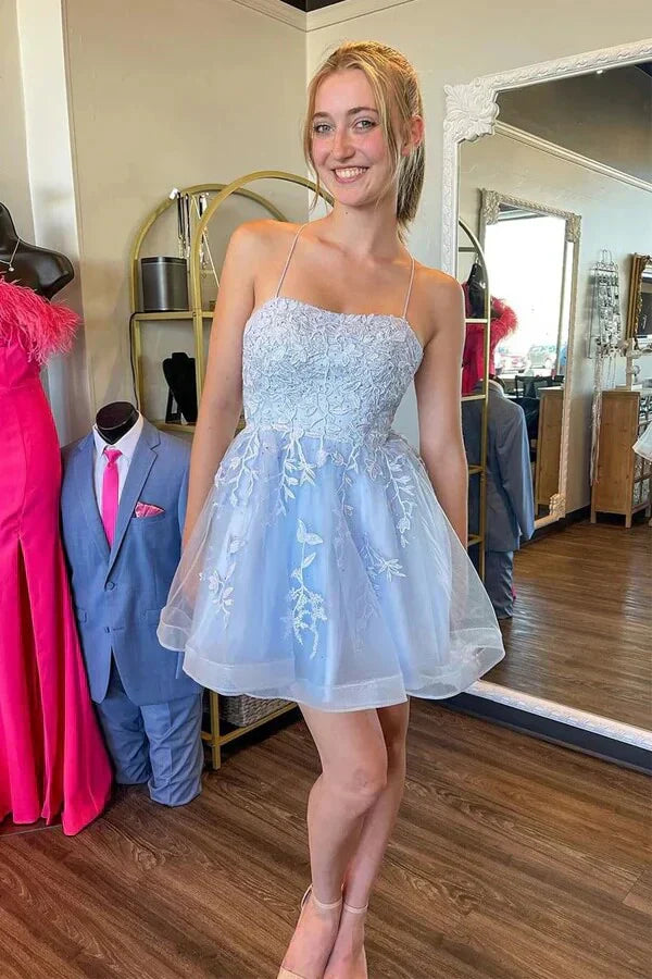 Vestido corto de tul azul celeste sin espalda para baile de bienvenida con apliques PD544